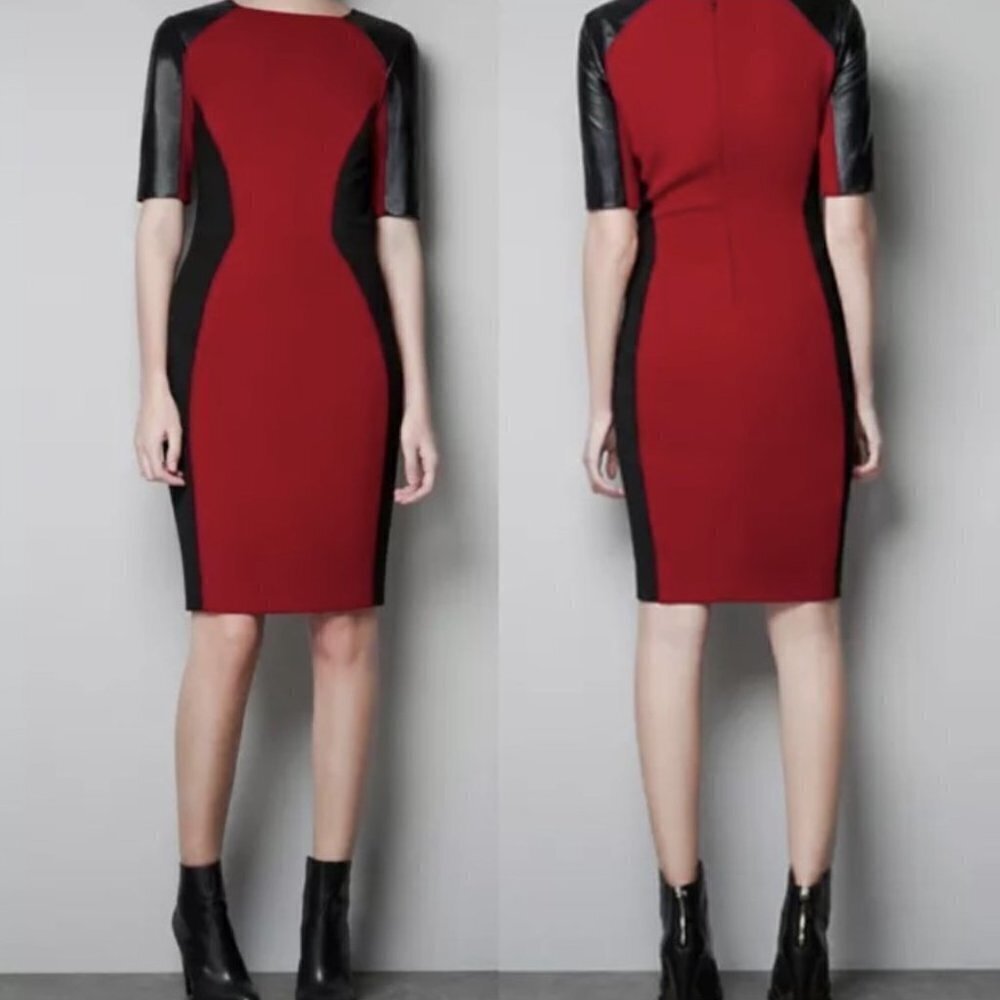 ZARA Dark Red Midi Bodycon Dress with black leather sleeves Size XS